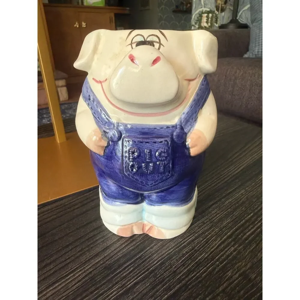 Vintage 1980s Enesco Ceramic County Fair Pig in Overalls Vase Sz. 6in